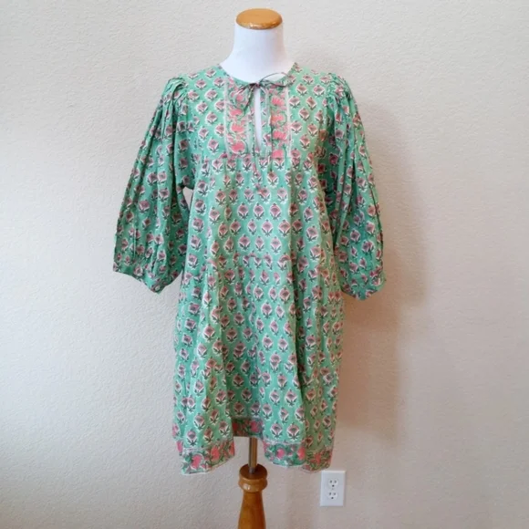 Marea mint green and pink block print balloon sleeve babydoll dress - Picture 2 of 8